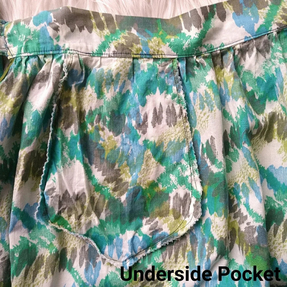 Vintage Handmade Half Tie Back Apron With Pockets 1960s Blue and Green Print